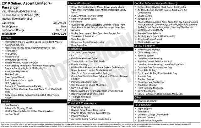 
 2019 Subaru Ascent Limited w/ Apple Car Play full									