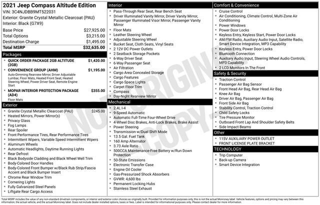 
 2021 Jeep Compass Altitude w/ Apple Car Play full									