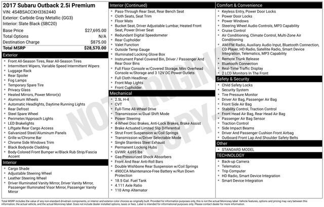 
 2017 Subaru Outback 2.5i Premium full									