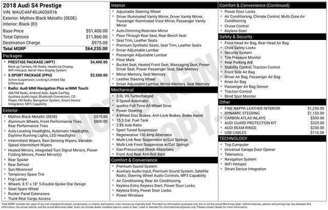 
 2018 Audi S4 3.0T Prestige quattro full									