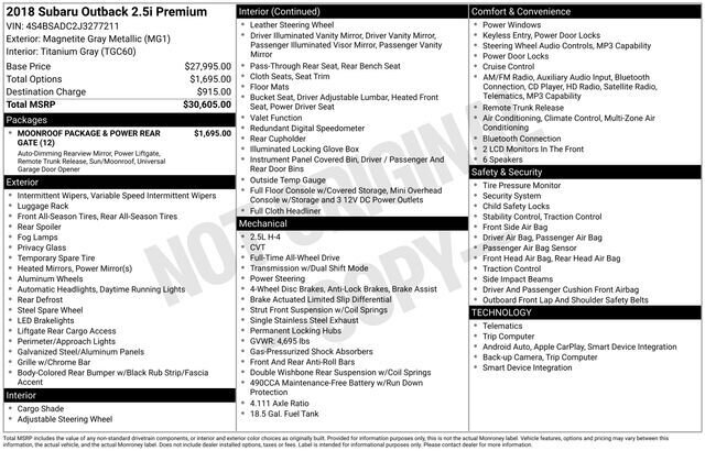 
 2018 Subaru Outback 2.5i Premium w/ Apple Car Play full									