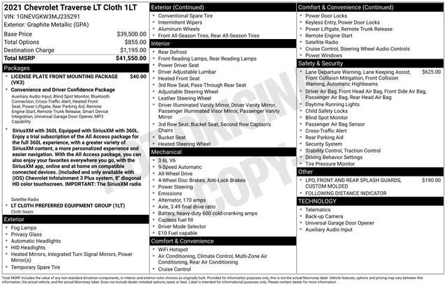 
 2021 Chevrolet Traverse LT w/ Apple Car Play full									