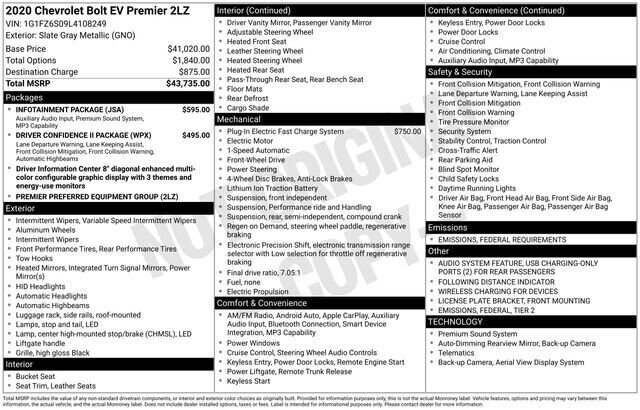 
 2020 Chevrolet Bolt EV Premier w/ Apple Car Play full									