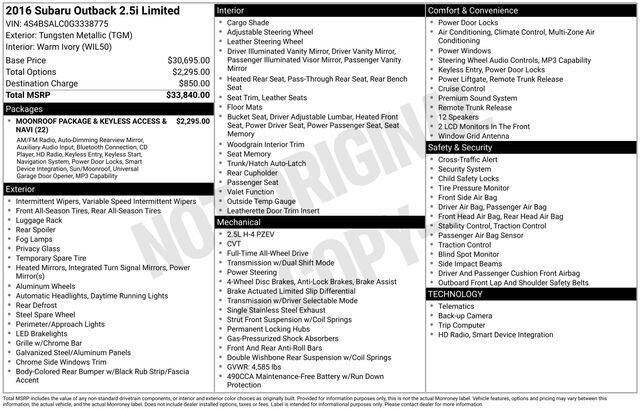 
 2016 Subaru Outback 2.5i Limited full									