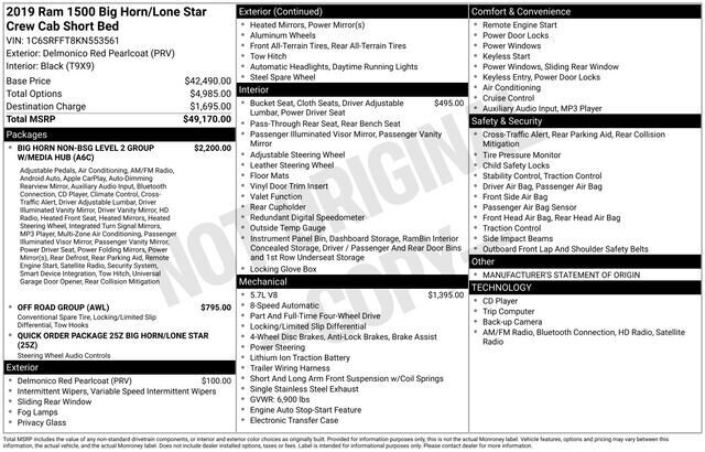 
 2019 RAM 1500 Big Horn/Lone Star w/ Apple Car Play full									
