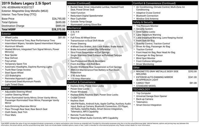 
 2019 Subaru Legacy 2.5i Sport full									