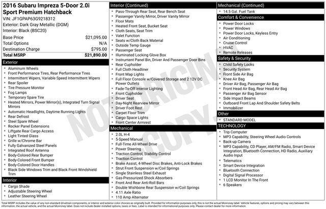 
 2016 Subaru Impreza 2.0i Sport Premium full									