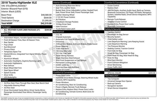 
 2018 Toyota Highlander XLE full									