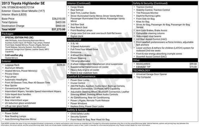 
 2013 Toyota Highlander SE full									