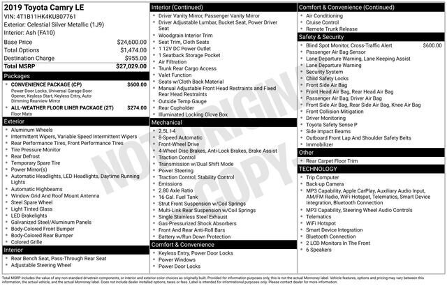 
 2019 Toyota Camry LE full									