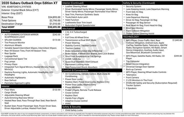 
 2020 Subaru Outback Onyx Edition XT full									