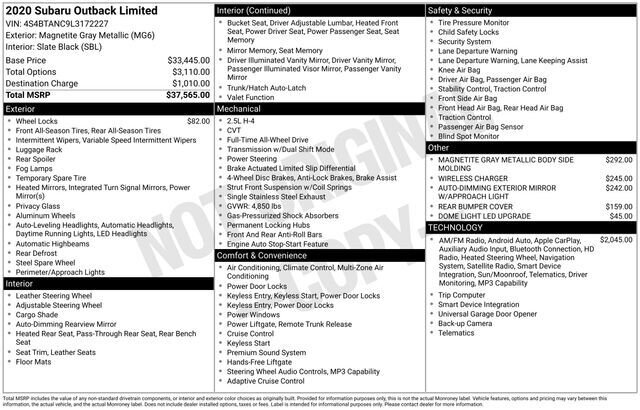 
 2020 Subaru Outback Limited full									