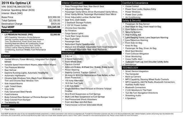 
 2019 Kia Optima LX full									