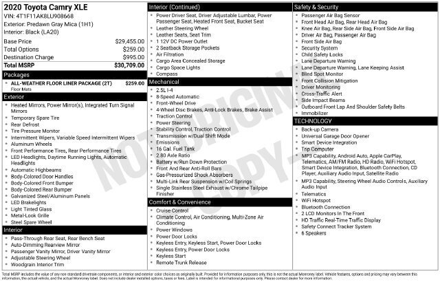 
 2020 Toyota Camry XLE full									