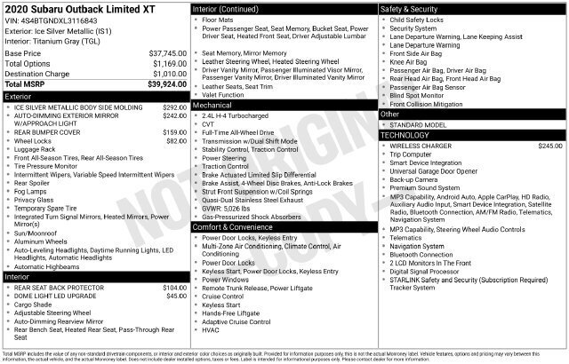 
 2020 Subaru Outback Limited XT full									