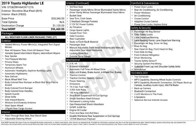 
 2019 Toyota Highlander LE full									