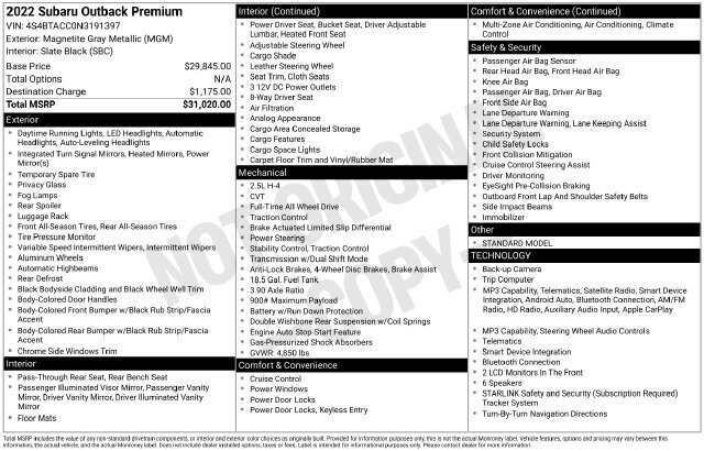 
 2022 Subaru Outback Premium full									